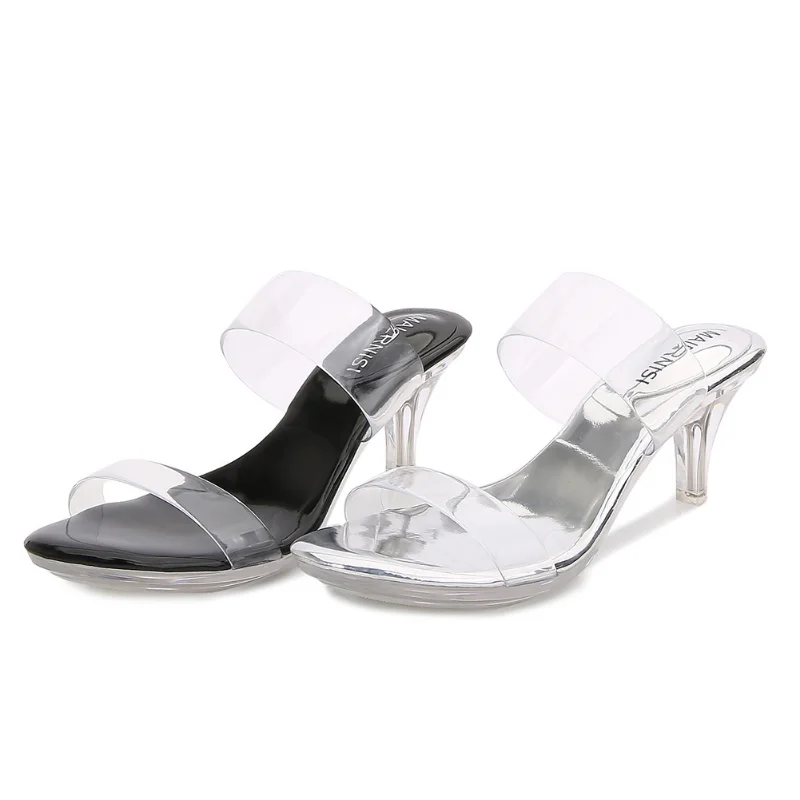 New PVC Transparent Women's Slippers Transparent Crystal Slippers Women's Daily Party Shoes Muller High Heels