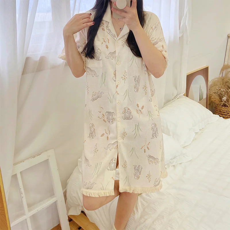 QWEEK Gauze Rabbit Print Nightie Cardigan for Women Kawaii Cotton Sleepwear Korean Style Loungewear Sweet Night Dress