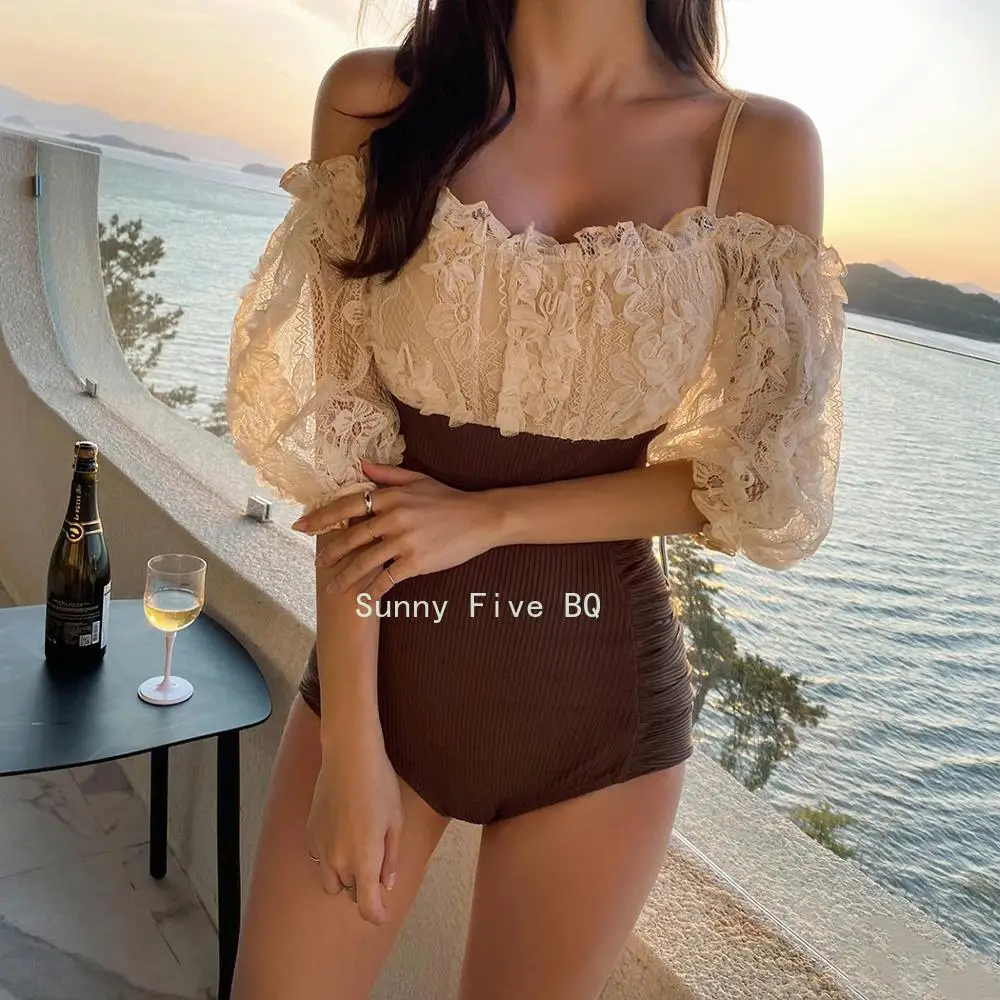 

Sexy Off Shoulder Flounce One Piece Swimsuit Lady 2022 Monokini Half Sleeve Swimwear Women Swim Bath Suit