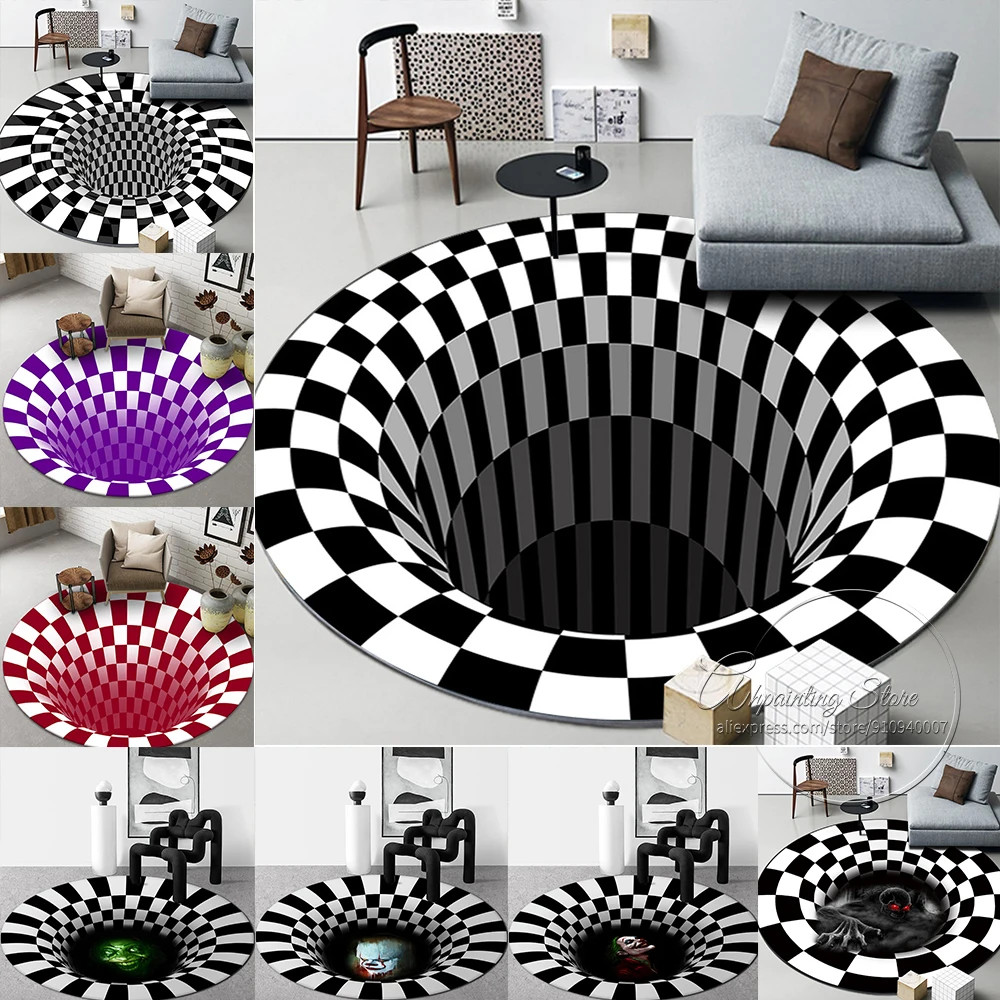 

3d Vortex Illusion Carpet Abstract Geometric Black Hole Round Area Rug Non-slip Floor Mats Washable Rug Living Room Rug Alfombra