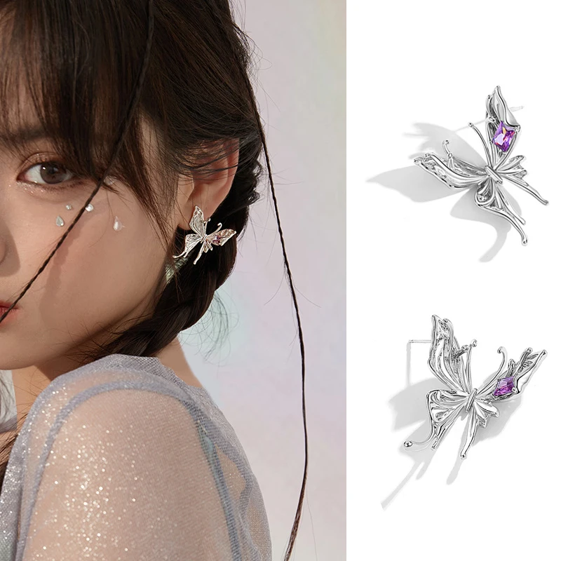 

Cool Punk Silver Color Flying Butterfly Earrings Original Design Purple Zircon Animal Earrings For Trend Women Girl Party Gifts