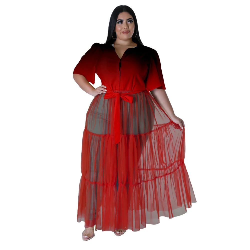 Plus Size Fashion Printed Mesh Patchwork Women Clothing Elegant Lapel Shirt Maxi Long Dresses Whole 3xl 4xl 5xl 6xl