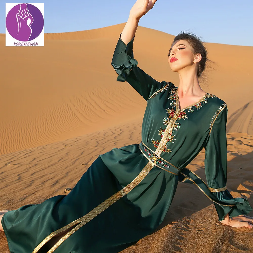 Женское платье в мусульманском стиле, платье с поясом в форме лотоса, платье с перекрестной каймой, женская одежда на Ближний Восток, Дубай, ...