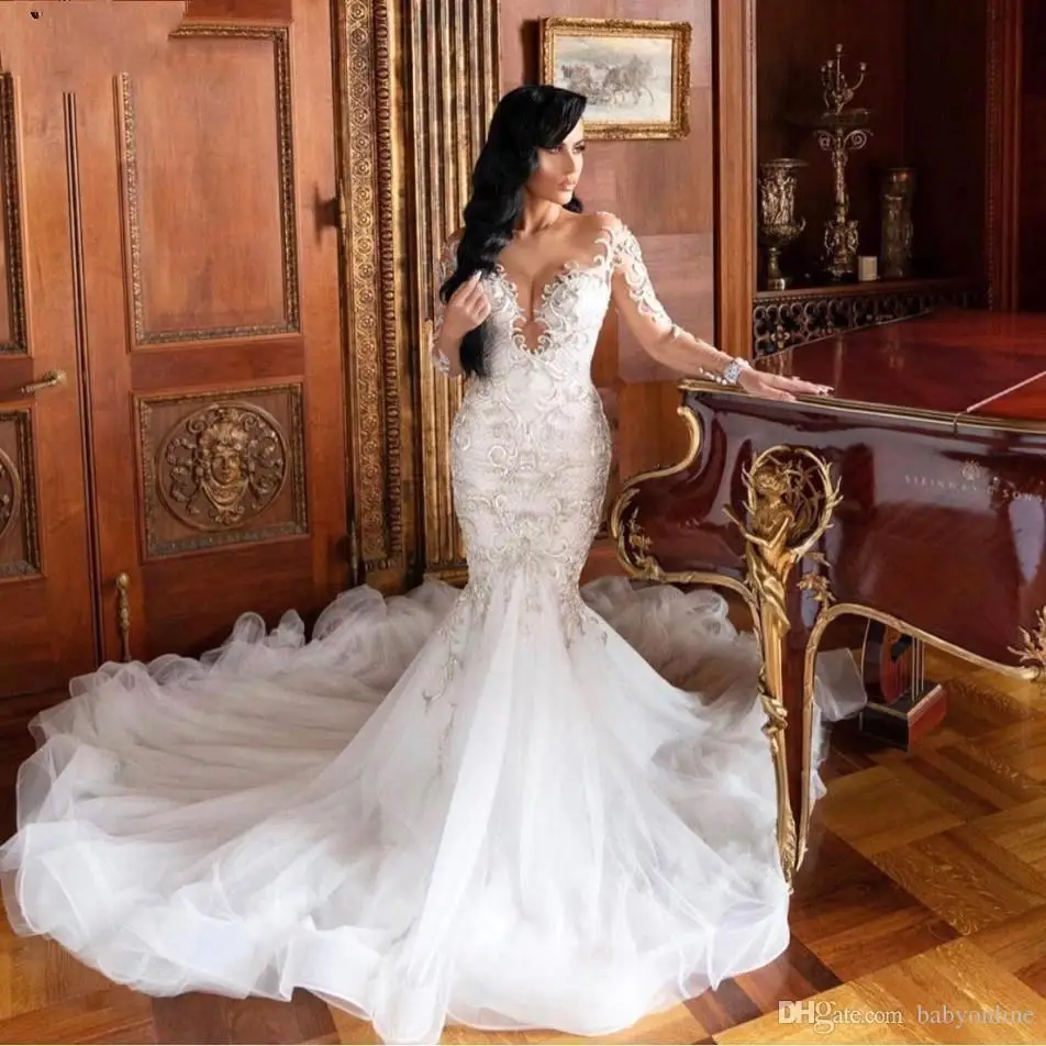 

Luxury Arabic Mermaid Wedding Dresses Sparkly Dubai Crystals Long Sleeves Bridal Gowns Court Train Tulle Skirt Robes De Mariée