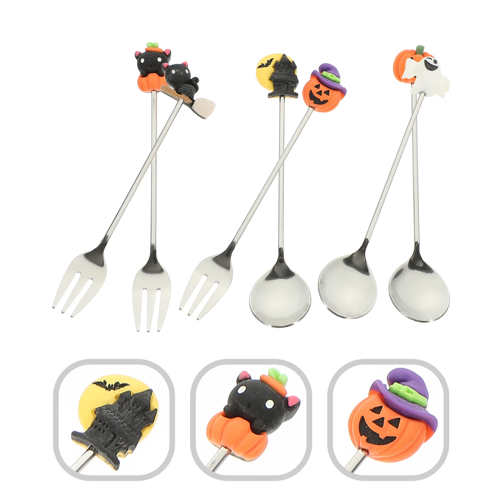 

Halloween Coffee Spoon Set Spooky Charm Pendant Pumpkin Black Cat Ghost Shape Dessert Teaspoon Fork Stirring Spoons Serving