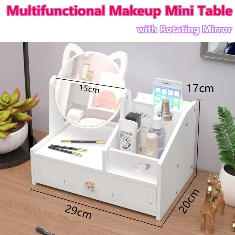 

Multifunctional Makeup Mini Table with Rotating Mirror Shelf Assembly Cosmetics Storage Rack Skin Care Products Organizer Drawer