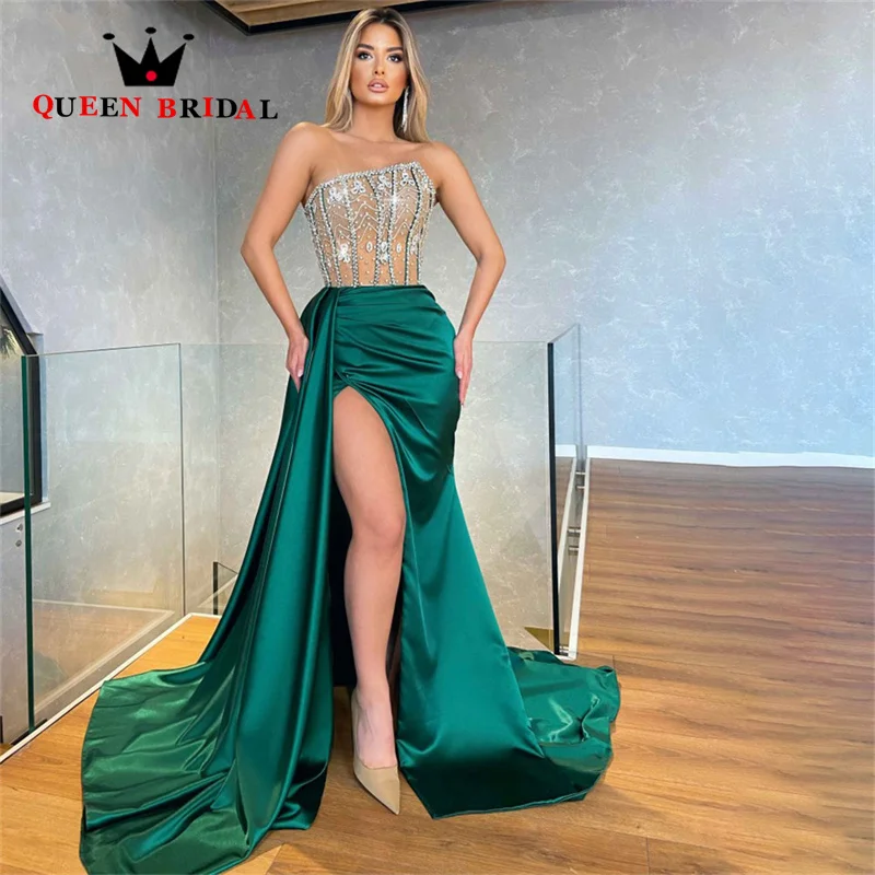 

Charming Crystals Green Evening Dresses Satin Shiny Side Slit Mermaid Off Shoulder Party Gowns فستان سهرة Custom M62Q