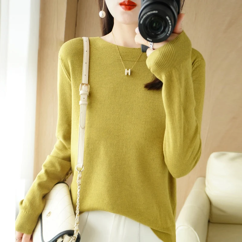 

Slotted Wide Neck Long Sleeve Knitted Shirt Round Neck Women Autumn And Winter Simple Loose Woolen Shirt Han Feng Slim Undercoat