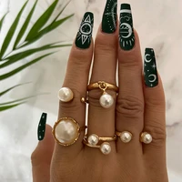 new retro big round pearl rings set for women elegant open knuckle rings pearl pendant finger ring jewelry git