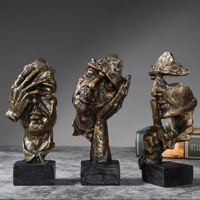 

3PCS Nordic Creative Abstract Sculpture Silence Is Gold Figurine Decoration Crafts Art Resin Statue Modern Office Home Decor
