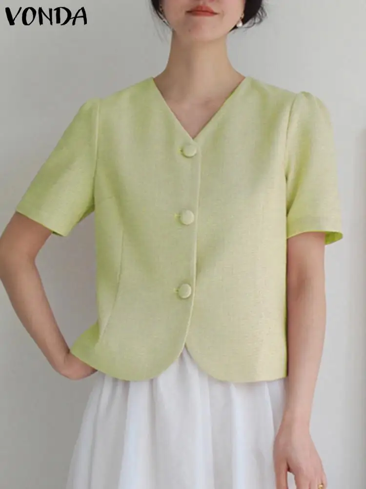

Летний женский офисный Блейзер 2023 VONDA, элегантные пикантные пальто с V-образным вырезом, на пуговицах, повседневный однотонный блейзер с коротким рукавом, женская верхняя одежда