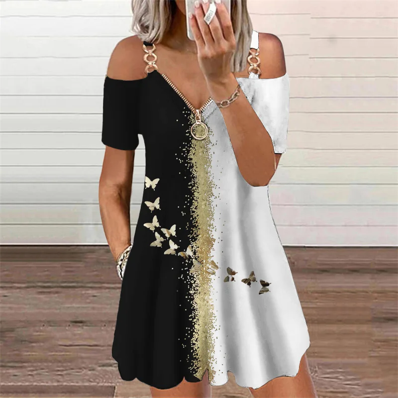 

Butterflies 3D Print Elegant Fashion Dress Women's Clothing 2022 Summer Zipper V-Neck Off Shoulder Casual Mini Dresses Oversized