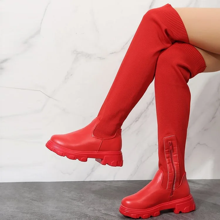 

Fashion Europe and The United States Big Yards Long Over The Knee Round Head Knitting Comfortable Breathable Thick Bottom Boots