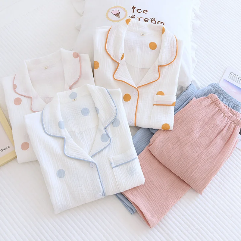 Women Sleepwear Pyjama Set Dot Contrast Lapel Pajamas All Seasons Soft Cotton Crepe Long Sleeve Homewear Lounge Nightwear Suit