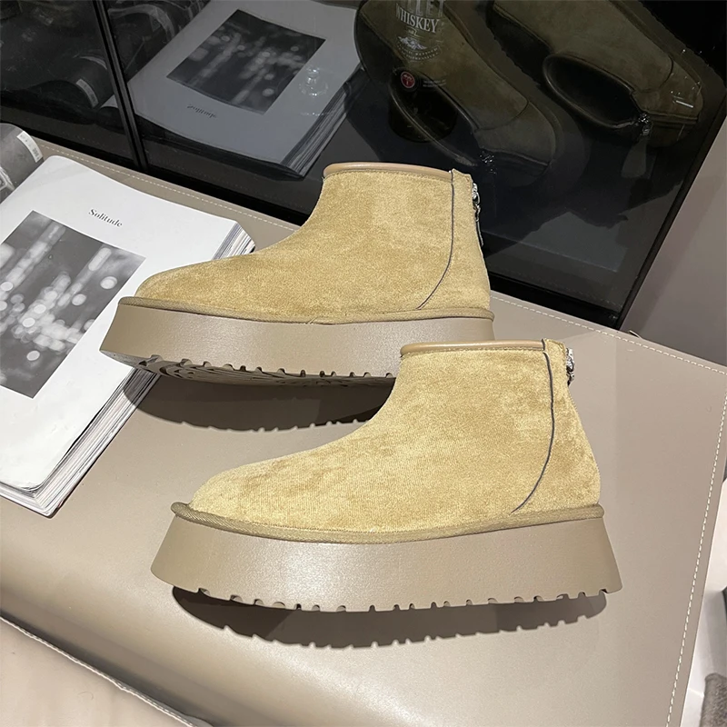 

Flats Women Fur Ankle Snow Boots 2024 Winter Warm Shoes New Designer Platform Chelsea Boots Suede Casual Zipper Goth Femme Botas