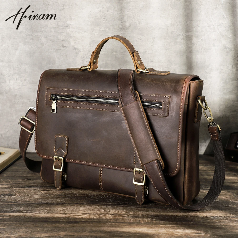 Vintage Genuine Crazy Horse Leather Briefcase Crossbody Messenger Bag for Men 14