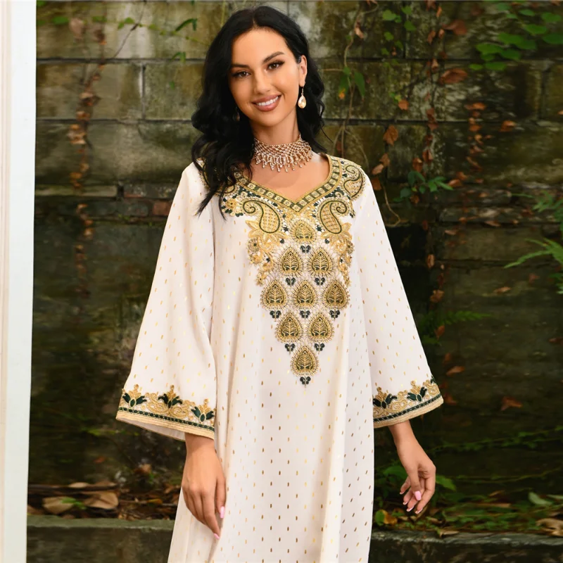 Muslim White Dress Evening Gowns Dubai Turkey Women Long Sleeve Kaftan Abayas 2023 Eid Mubarak Islamic Clothing Sequin Boubou