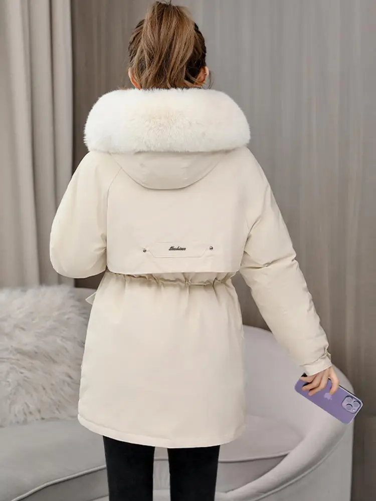Vielleicht 2023 New Winter Fur Hooded Long Sleeve Jacket Women Solid Color Cotton-padded Warm Loose Parkas Coat Fashion Outwear