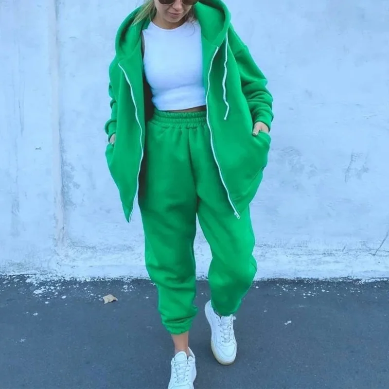 

Повседневный Спортивный Женский комплект из 2 предметов, Осенний Модный комплект из толстовки на молнии с длинным рукавом и брюк, свободный ...