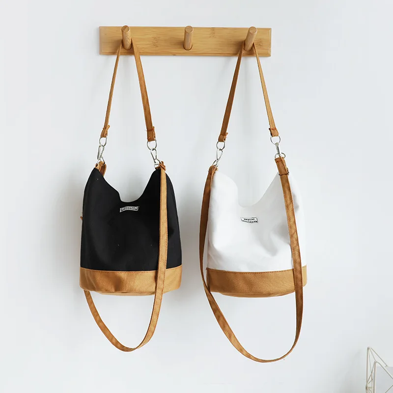 

Korean Style Canvas Bag Women's One Shoulder Bucket Women's Fashion Splicing Literary Messenger Bag Crossbody Bags