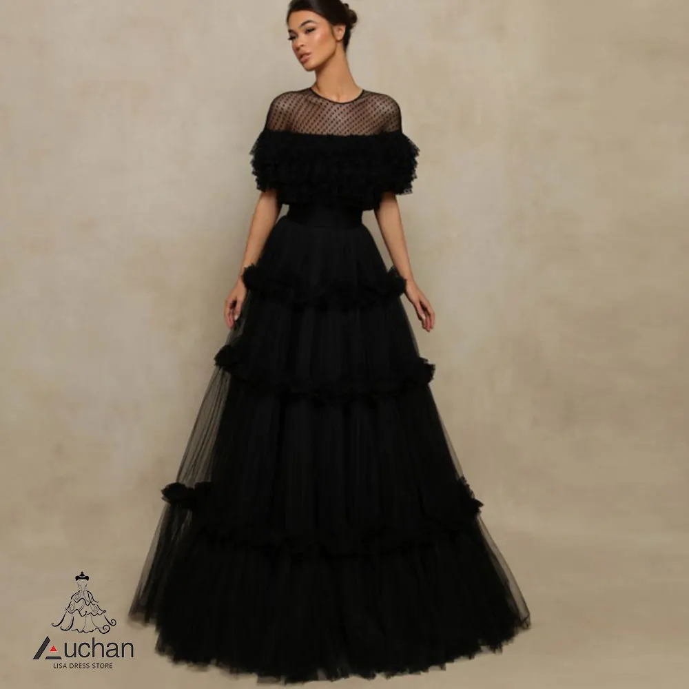 

Auchan O-Neck Dubai Prom Dress Evening Dress Short Sleeves Floor Length Elegant Wedding Party Formal Gowns For Women Arabic