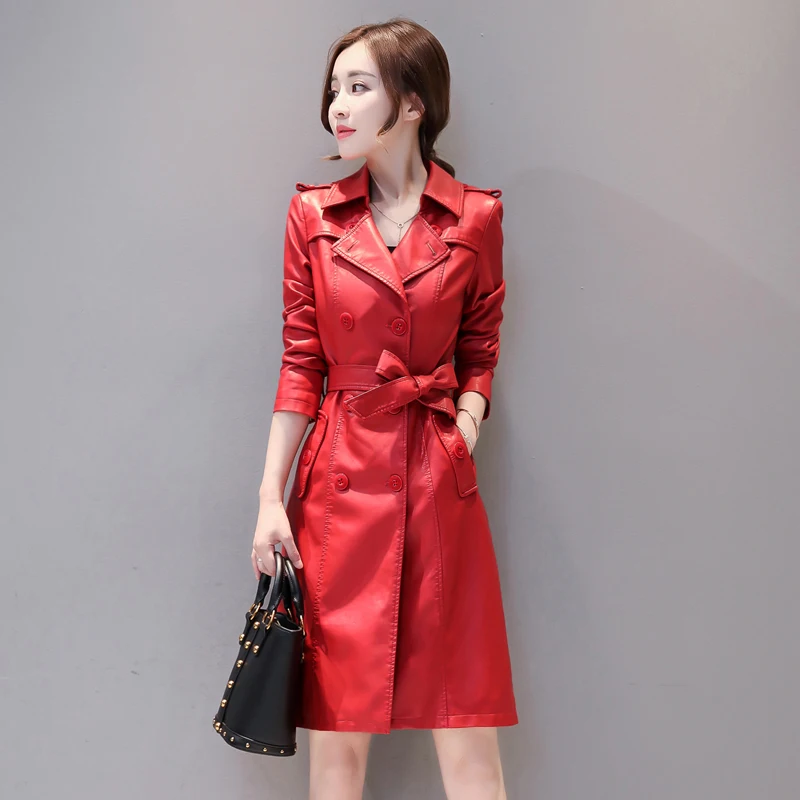 Womens Elegant PU Leather Long Jackets With Belt Ladies Faux Sheepskin Trench Coat Streetwear 5XL Female Outerwear