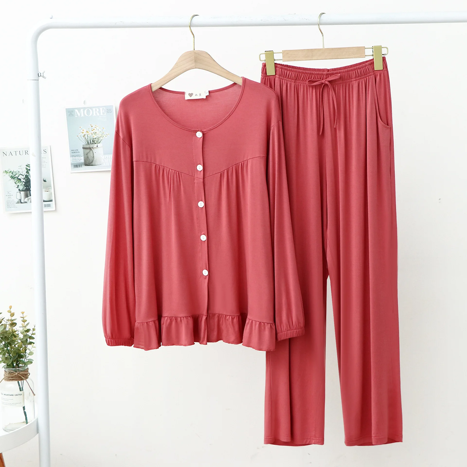 Modal Tracksuit Pajamas Women Breasted Pleated Long Sleeve Trousers Sexy Two Piece Set Solid Color Soft Good Drape Casual Outfit