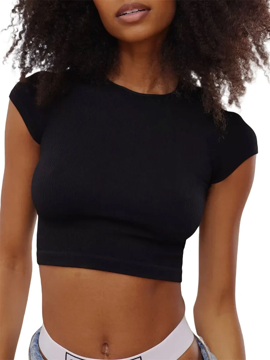 

Women Short Sleeve Crop Tops Solid Color Crew Neck Pullover Slim Sports T-Shirts Summer Exposed Navel Shirts