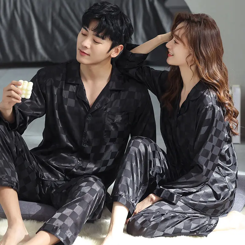 Couple Pajama Sets For Mens Plaid Designer Loungewear Nightwear Long Sleeve Sleep Trousers Thin Silk Satin Pajamas Men Sleepwear
