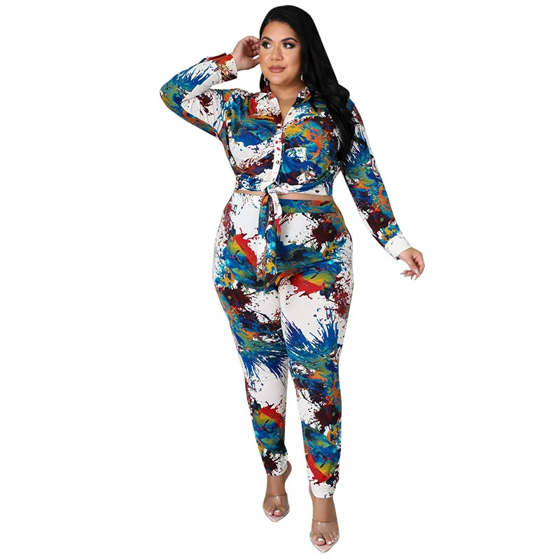 Plus Size Set Women Clothing Fall Fashion Ladies Tie Dye Long Sleeve Top Pants Suits Two Pieces 3xl 4xl 5xl 6xl