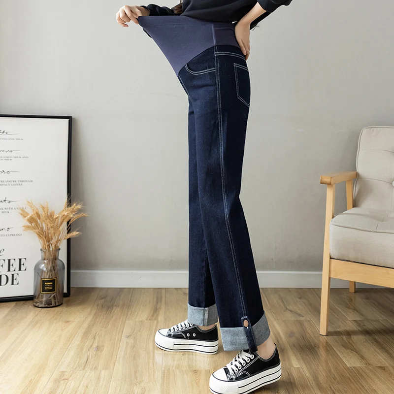 

892 Dark Blue Denim Maternity Jeans Rolled Up Wide Leg Straight Belly Pants Clothes for Pregnant Women Autumn Pregnancy Trousers