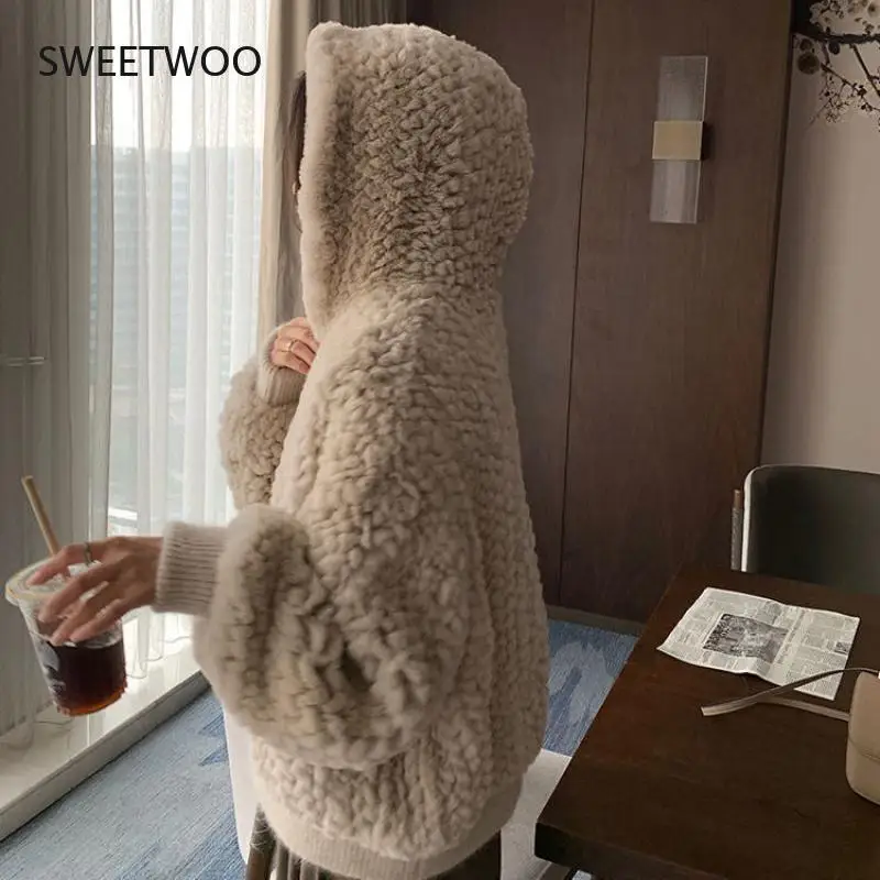 Women Short Jacket with Hood Knitted Generic Rabbit Fur Coat Autumn Winter Spring Sweater Femme Full Sleeve Outwear Slim Tide