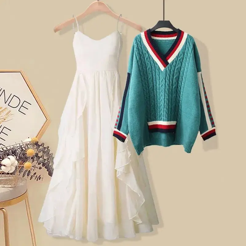 Oversized Women's Autumn Set Women's 2023 New Loose V-Neck Knitted Sweater Sling Dress Two Piece Set Fashion