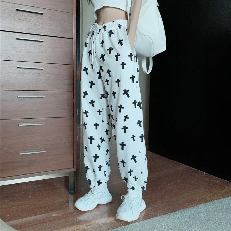 

Women Printed Loose Korean Hip Hop Pants 2021 High Waist Jogging Pants Sportswear Trousers Female Casual Wide-leg Streetwear Pop