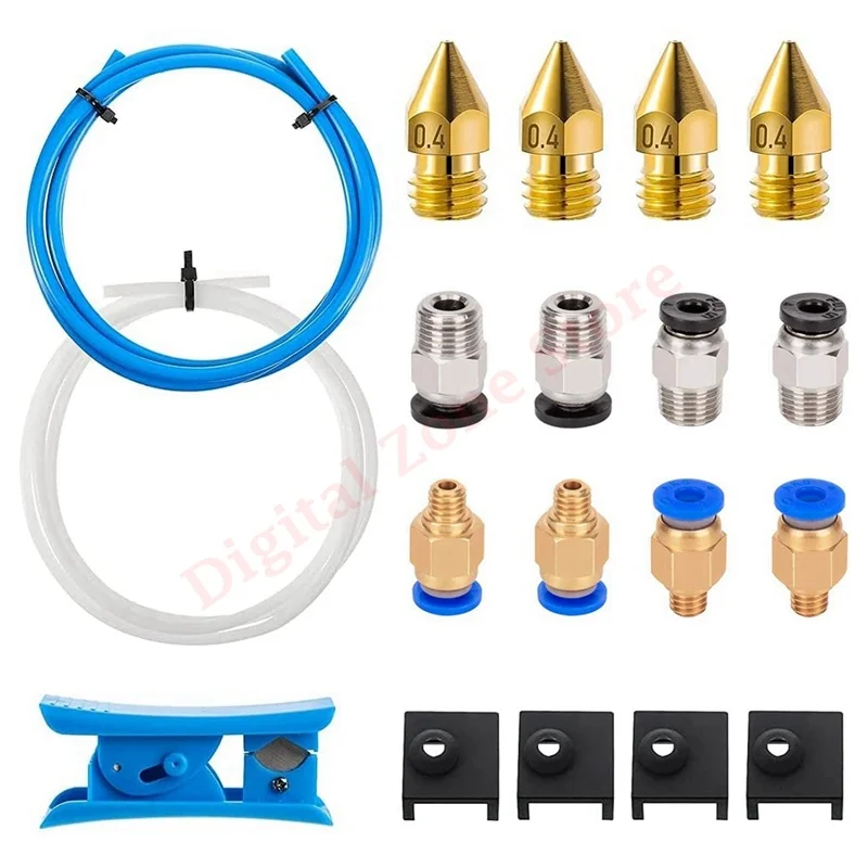 

3D Printer Kit- Ptfe Tube, PC4-M6 PC4-M10 Pneumatic Fittings , Mk8 Heater Block Silicone Cover, 0.4 mm Nozzles for Ender 3 CR-10