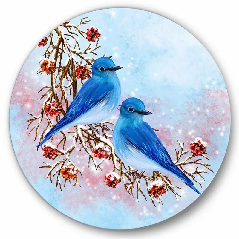 

'Two Blue Birds Sitting On A Branch With Berries In Winter' Traditional Circle Metal Wall Art 36x36 - Disc of 36