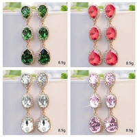 elegant long green water drop crystal stud earrings for women inlaid white rhinestone zircon party wedding jewelry