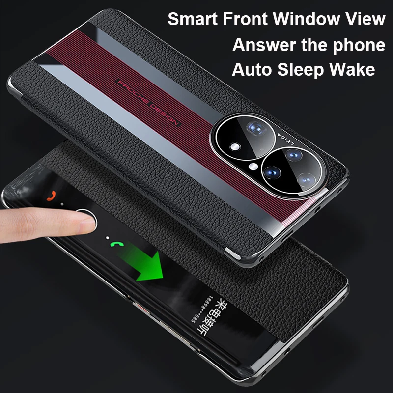 

Luxury Smart Front Window View Flip Case For Huawei P50 Pro Mate 40 RS P40 Honor 70 Genuine Leather Phone Cover Auto Sleep Wake