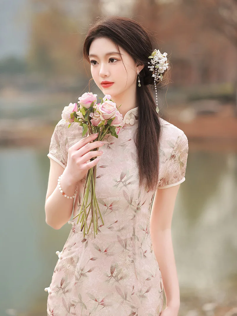 Chinese Style Pink Floral Print Qipao Fashion Summer Vintage Slim Modern 2023 Women Short Sleeve Cheongsam