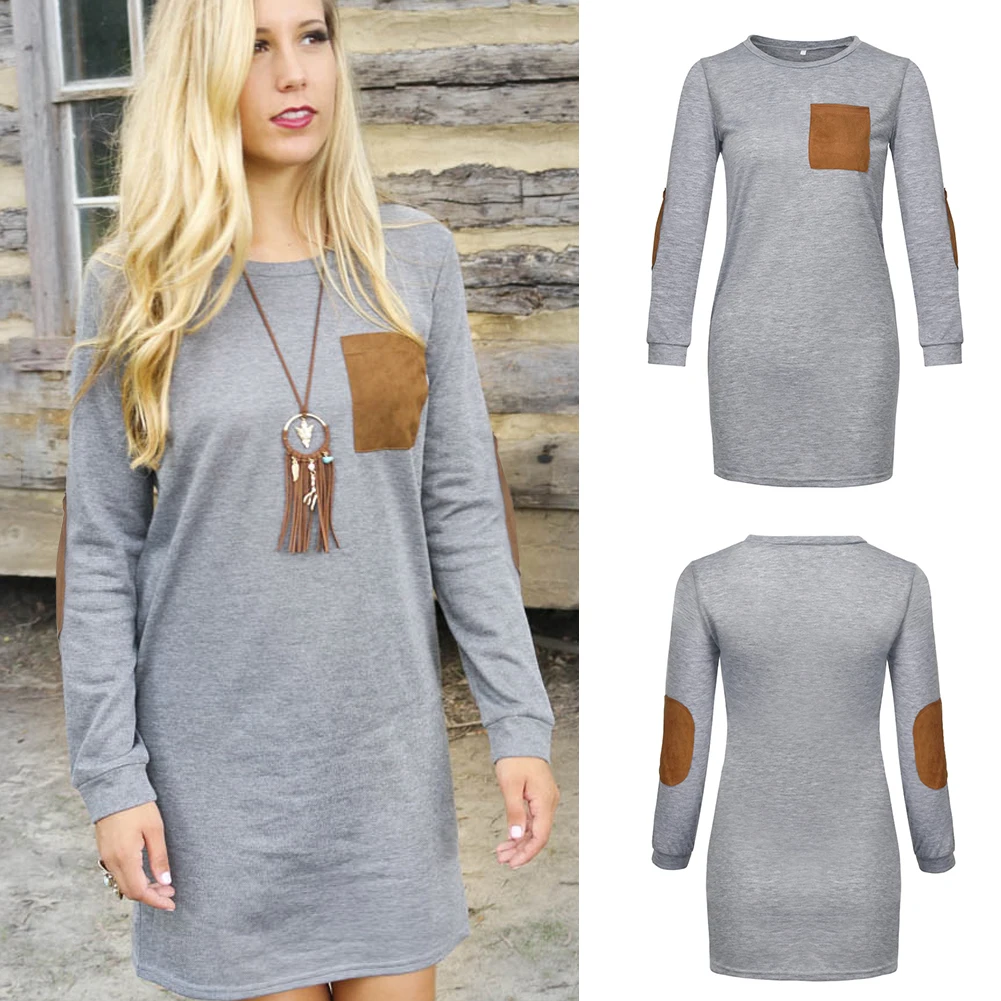 

Осеннее повседневное женское платье средней длины с круглым вырезом и длинным рукавом