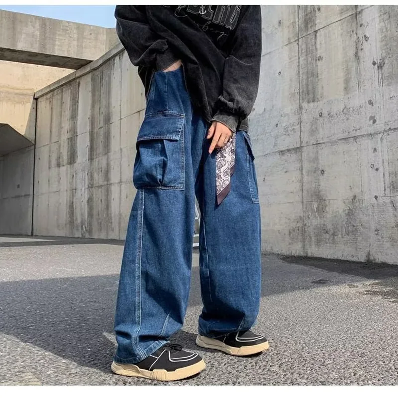 2023 Fashion Loose Fit Unique Big Side Pockets Jeans Casual High Street Baggy Handsome Pants