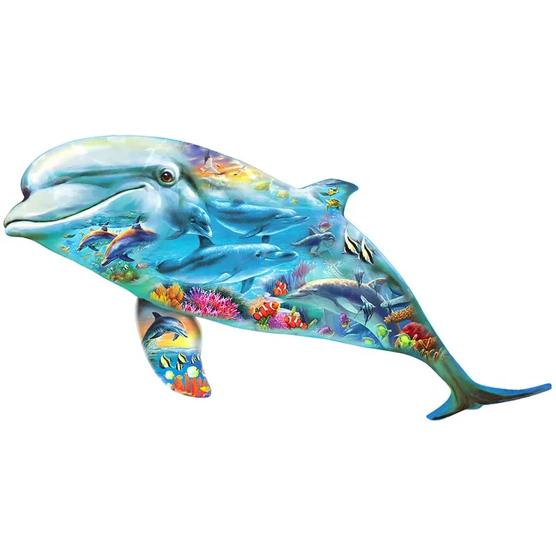 

Country Dolphin Wooden Puzzle Kids Jigsaw Toy Gift Animal Shape Pieces Super Fun Montessori IQ Impossible Challenge Box A5 A4 A3