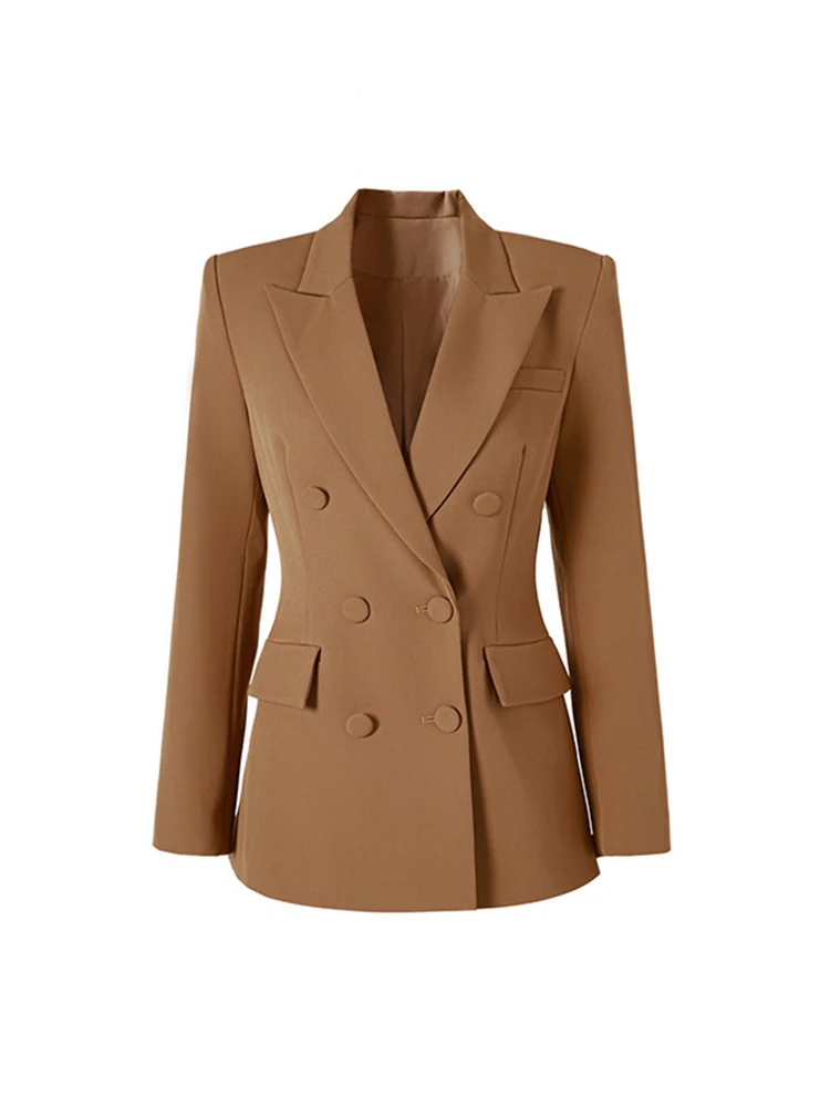 ZJYT Elegant Double Breasted Blazers for Women Jacket Coat Autumn Winter Notched Collar Pink Office Lady Outerwear Female Tops