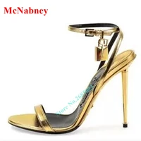 2022 woman sandals new style celebrity metallic ankle lock gold stiletto heel shoes padlock high heels sandals designer summer