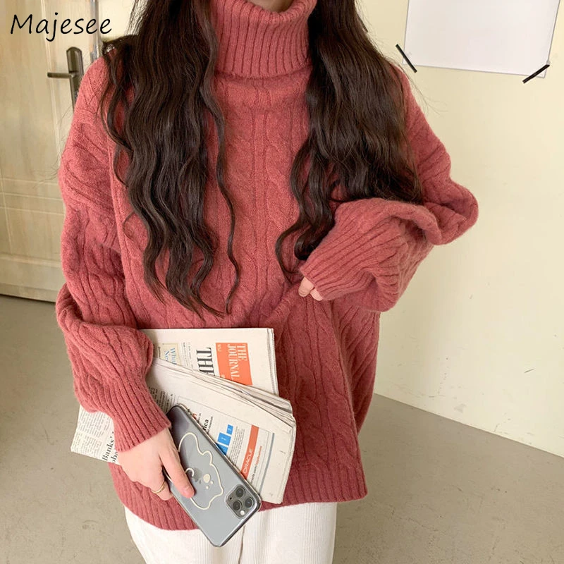 

Turtleneck Sweater Women Preppy Warm Lantern Sleeve Pure Casual Teens Kawaii Harajuku Retro Winter Stretchy Mujer Korean Style