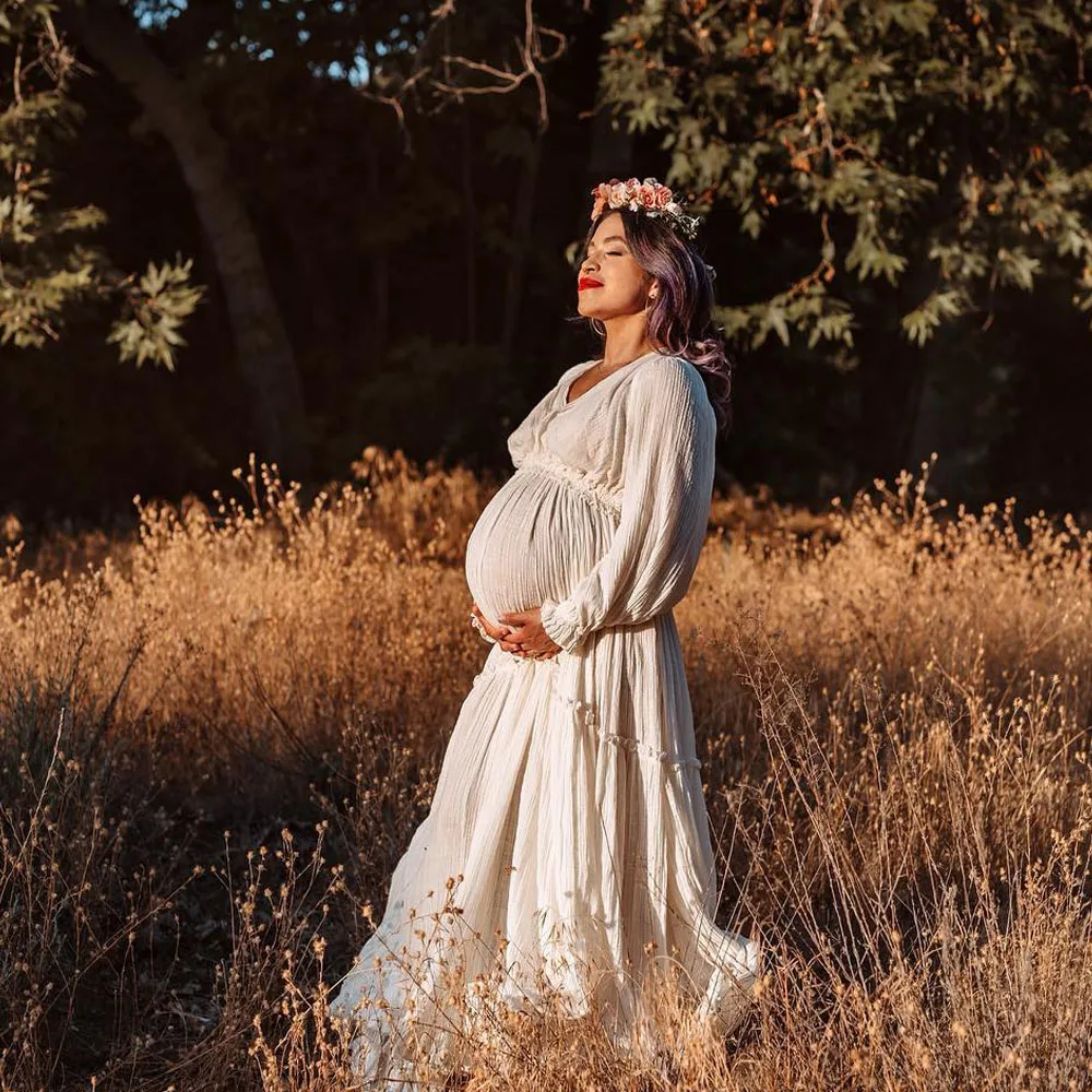 Платье для фотосъемки женщин удобное льняное Хлопковое платье с длинным рукавом