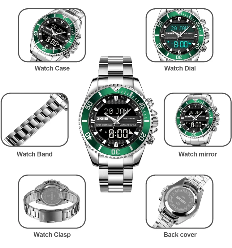SKMEI Dual Movement Muslim Azan Clock Men Watch for Prayer with Qibla Compass Adhan Alarm Hijri Islamic Wristwatch reloj hombre |