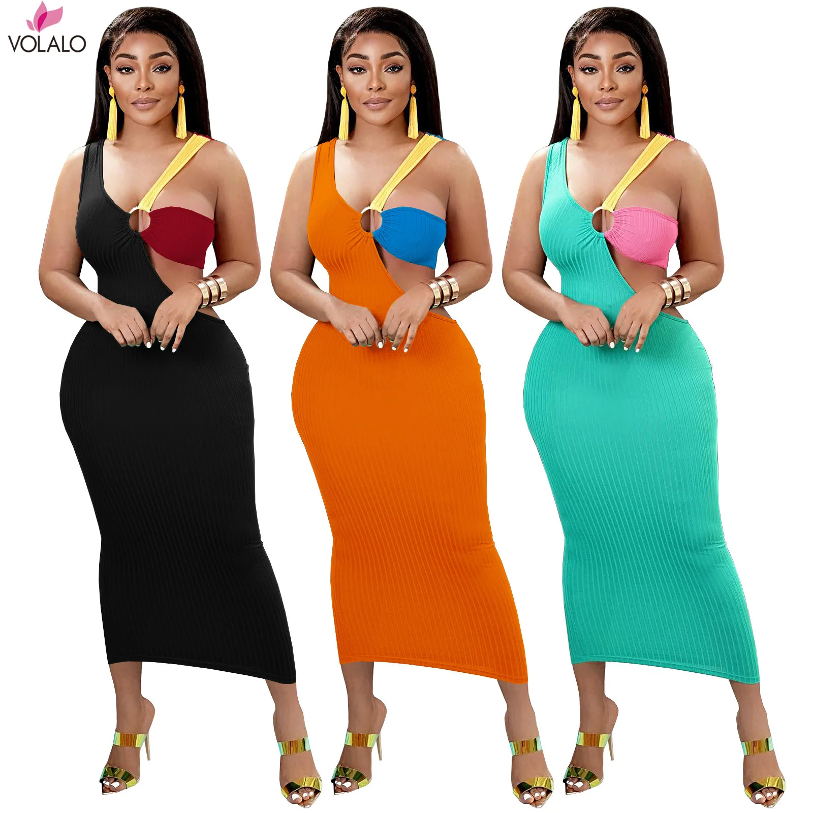 

VOLALO Ribbed Patchwork Maxi Dress Women Sexy Sleeveless Round Button Color Match Cut Out Cleavage Body-Shaping Female Robe