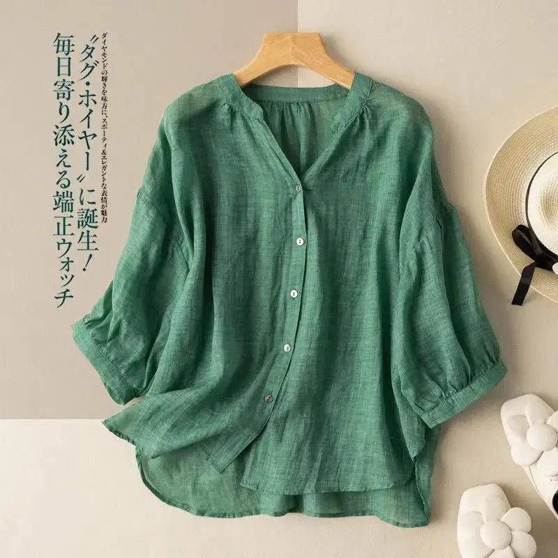 

2021 New Arrival Summer Arts Style Women Loose V-neck Short Sleeve Blouse Casual Cotton Linen Single Breasted Casual Shirts T14