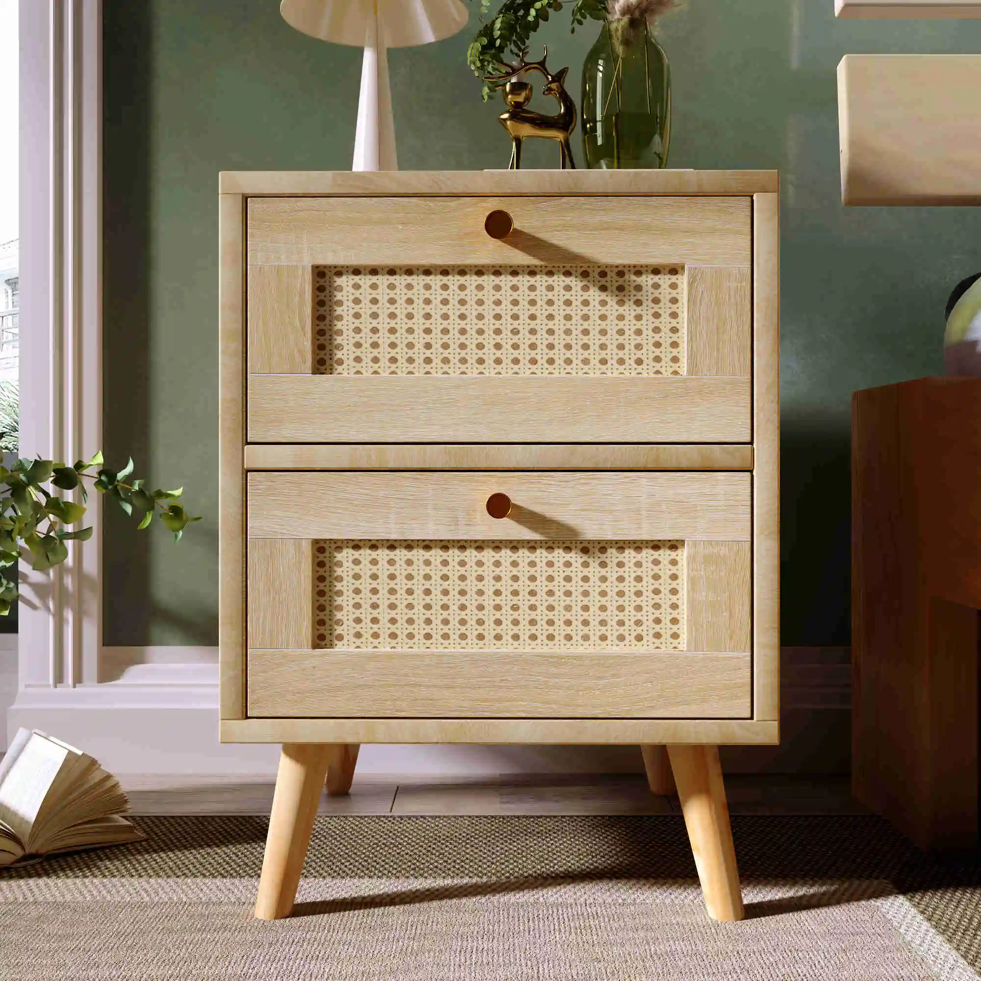 

Bedside Table Nightstand Side Table with 2 Drawers Oak Rattan Drawer Fronts Sofa Table Bedroom Furniture H55/W40/D40CM